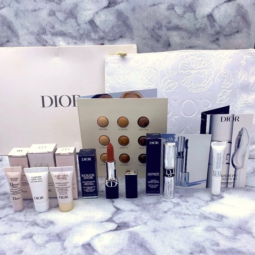 Dior Beauty Set-White Pouch,Foundation,Mascara,Lipstick,Primer-8pc-BOXED-NEW